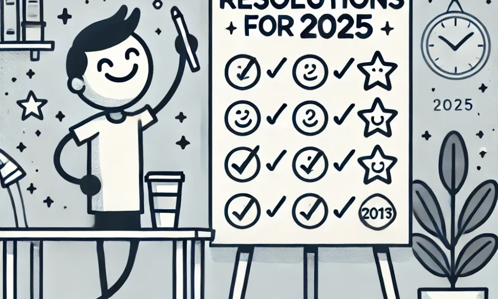 A stick figure drawing of a cheerful person standing next to a large poster titled '10 Realistic Resolutions for 2025,' with a desk, a cup, and motivational stars in the background, symbolizing positivity and goal-setting.