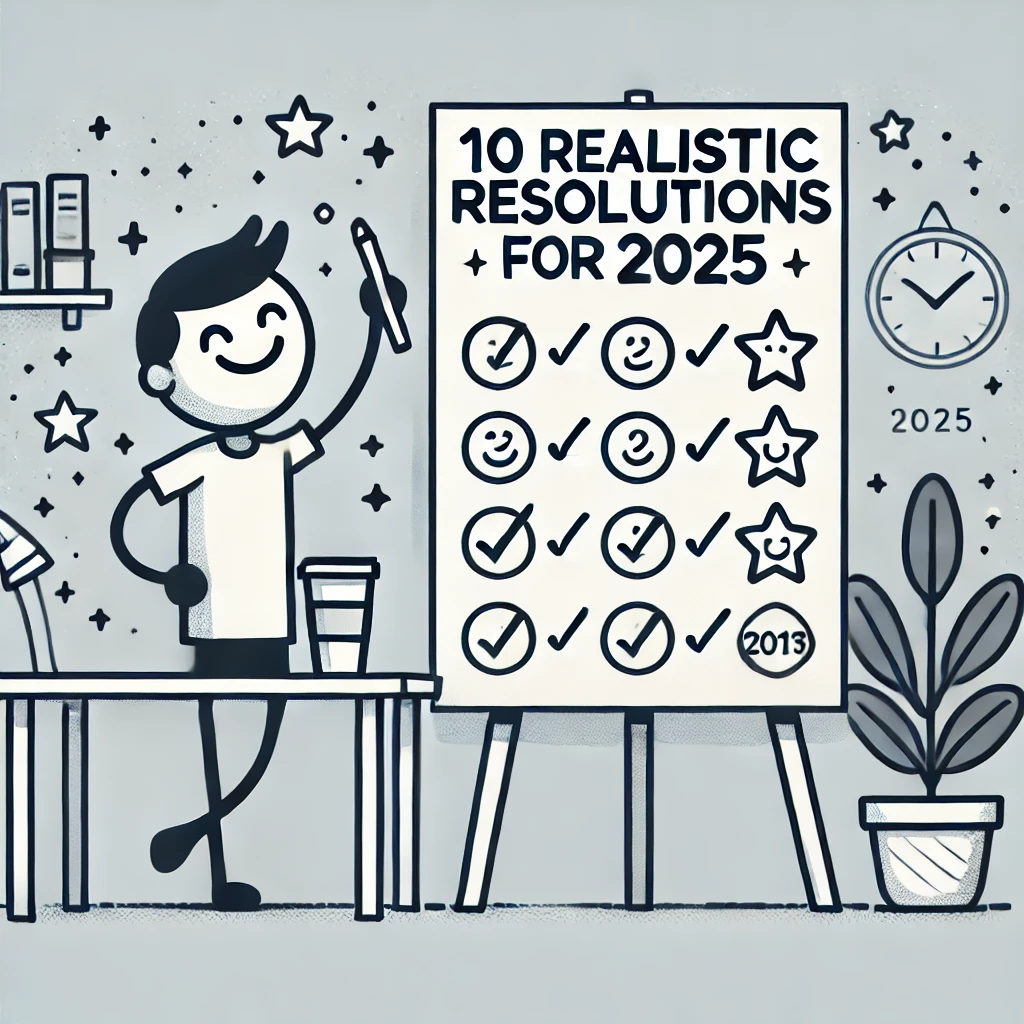 A stick figure drawing of a cheerful person standing next to a large poster titled '10 Realistic Resolutions for 2025,' with a desk, a cup, and motivational stars in the background, symbolizing positivity and goal-setting.