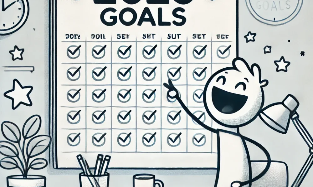 "A simple stick figure drawing of a person excitedly pointing at a '2025 Goals' list on a large wall calendar, surrounded by motivational stars, a desk with a cup, and a pen, symbolizing goal-setting and optimism.