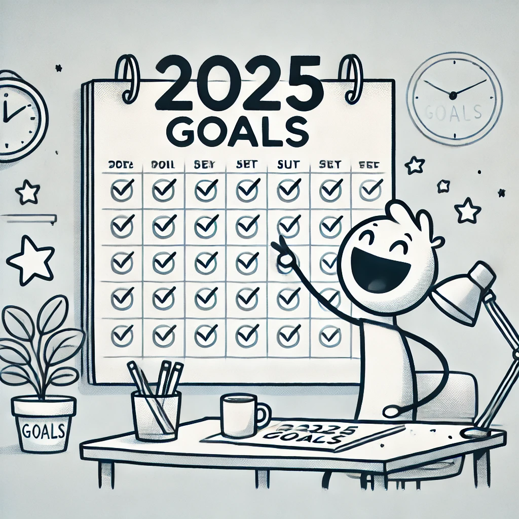 "A simple stick figure drawing of a person excitedly pointing at a '2025 Goals' list on a large wall calendar, surrounded by motivational stars, a desk with a cup, and a pen, symbolizing goal-setting and optimism.