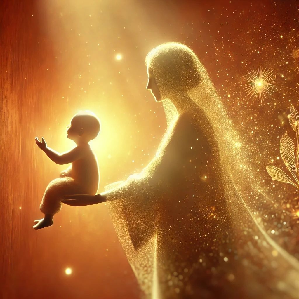 A radiant digital illustration of The Caregiver archetype, featuring a warm figure holding a child amidst a glowing golden light, symbolising compassion and nurturing. Part of Raided by Tintin's exploration of human archetypes.