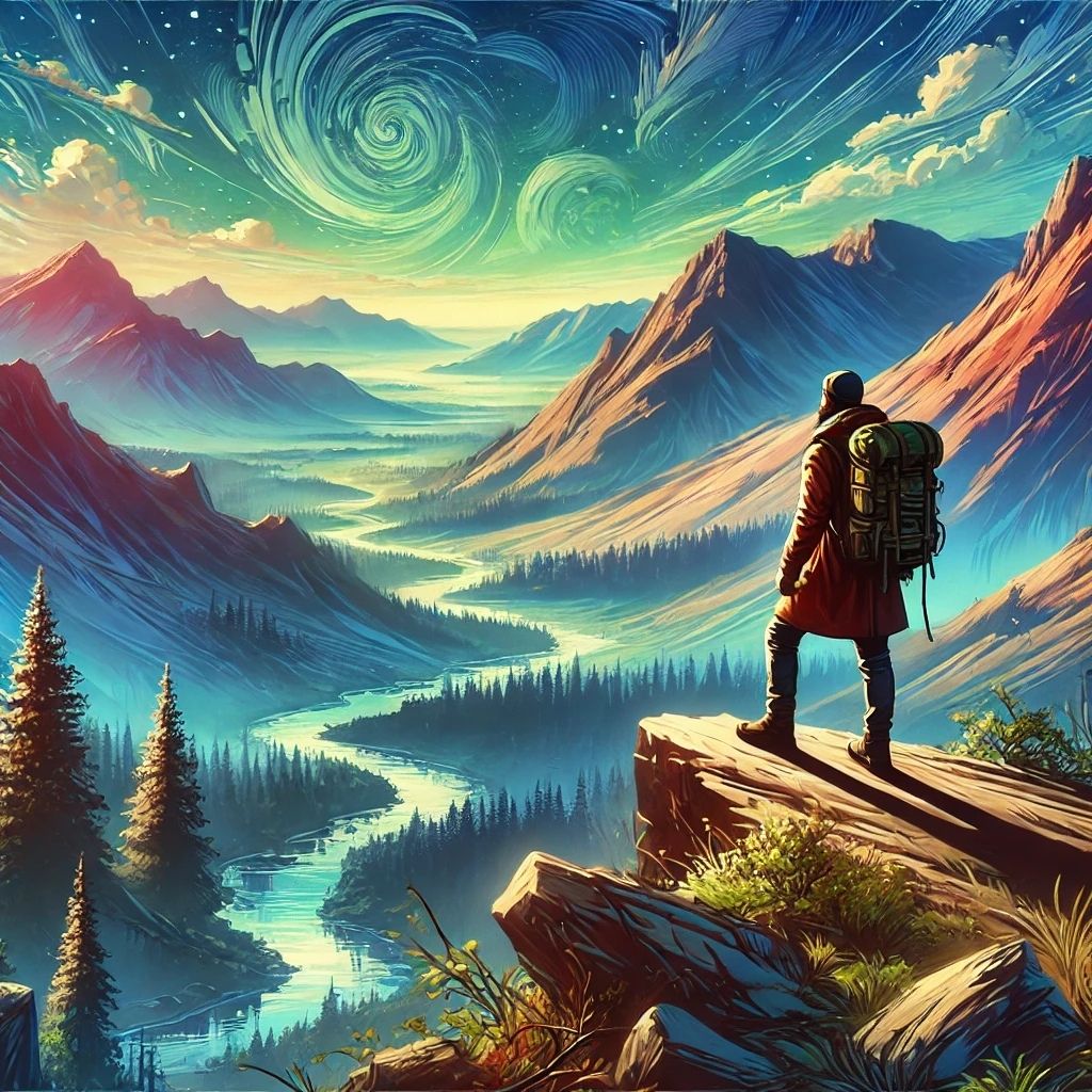 A captivating digital illustration of The Explorer archetype, featuring an adventurer with a backpack overlooking a vast, scenic landscape under a swirling, starry sky. Symbolising curiosity, discovery, and independence, as explored in Raided by Tintin's article on human archetypes.