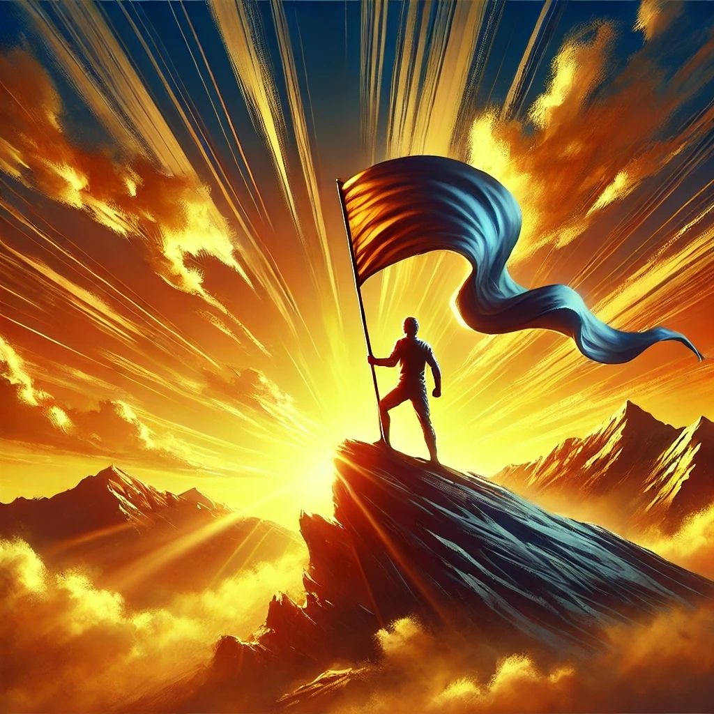 A dynamic digital illustration of The Hero archetype, featuring a determined figure standing atop a mountain at sunrise, holding a flowing banner to symbolise bravery and perseverance. Part of Raided by Tintin's exploration of human archetypes.