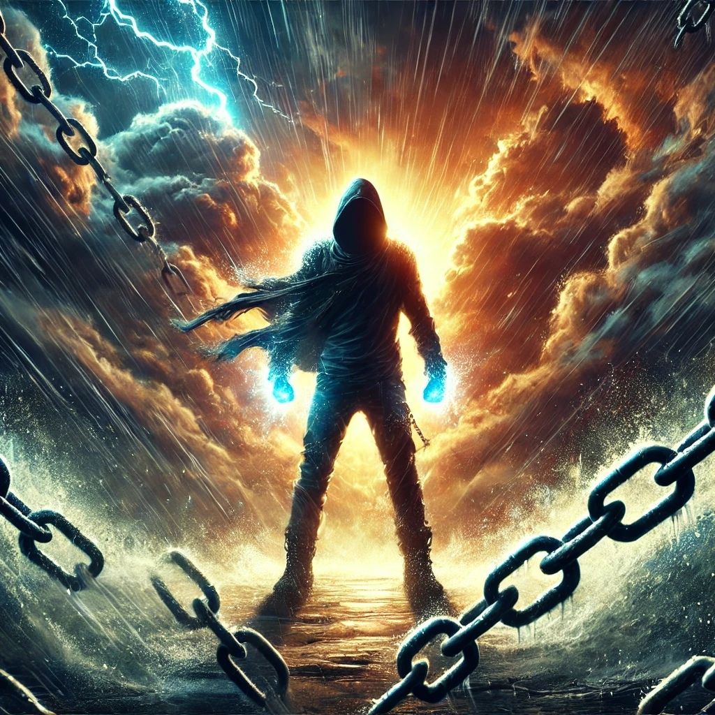 A striking digital illustration of The Rebel archetype, featuring a bold figure breaking chains amidst a storm, illuminated by dramatic lighting to symbolise defiance and change. Part of Raided by Tintin's exploration of human archetypes.