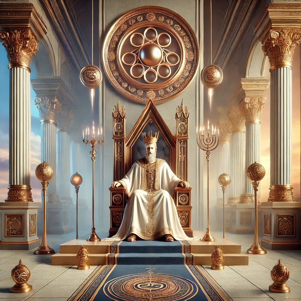 A majestic depiction of The Ruler archetype, featuring a regal figure seated on an ornate throne in a grand hall, surrounded by symbols of power and authority. Highlighting leadership and strategy, as discussed in Raided by Tintin's article on human archetypes.