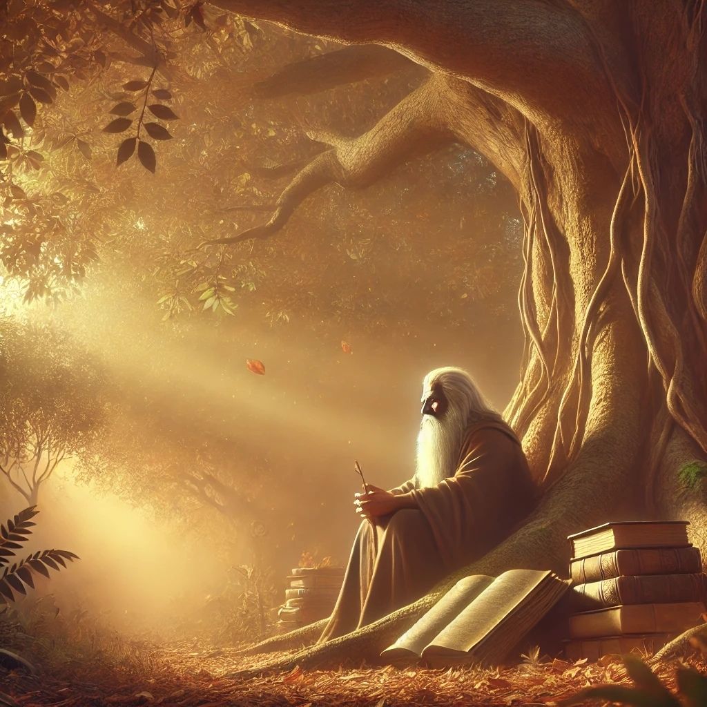 A wise elder seated under a sprawling tree, surrounded by books and bathed in warm, golden light, representing wisdom and introspection. Highlighting traits of The Sage archetype as explored in Raided by Tintin's article on human archetypes.