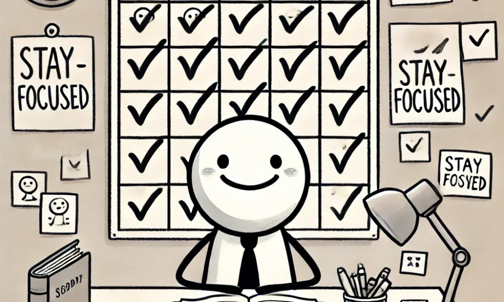 A minimalistic stick figure drawing of a cheerful character at a desk, with a calendar showing checked-off resolutions, a notebook, and a motivational poster reading 'Stay Focused' in the background, conveying productivity and inspiration.