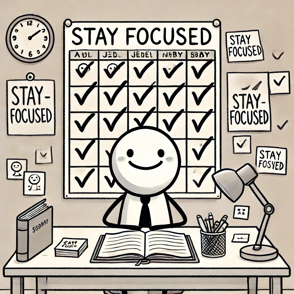 A minimalistic stick figure drawing of a cheerful character at a desk, with a calendar showing checked-off resolutions, a notebook, and a motivational poster reading 'Stay Focused' in the background, conveying productivity and inspiration.